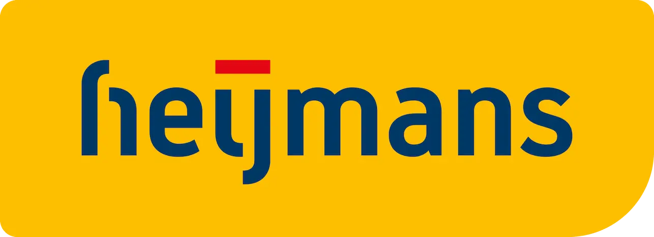 Logo Heijmans is Heijmans geschreven in blauw met rode streek op de ij en een gele achtergrond