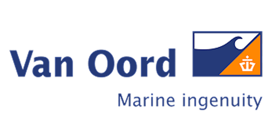 Logo van Oord is van Oord geschreven met een rechthoek er rechts naast met een oranje hoekje en daarin een kroon en aan de linkerkant van het midden een blauwe golf.